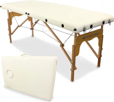 Obrázok produktu pre Mobiclinic, Masážny stôl, Skladací, CM-01 Basic, 180x60 cm, Drevo a Imitácia kože, 2 časti, , Mobilný masážny stôl, Nosnosť 150 kg, Farba krémová