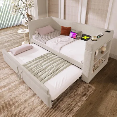 Produktbild von STILVORA Schlafsofa 90x190 mit Ausziehbett und Getränkehalter,Daybett mit USB&TYPE-C Ladeanschluss und Stauruam,Einzelbett aus Leinen,ohne Matratze,Beige
