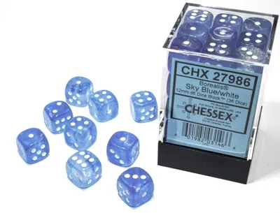 Produktbild von Chessex Borealis D6 12mm Himmelblau/Weiß leuchtendes Würfelset (36 Stück)