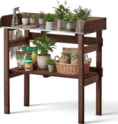 Produktbild von VEVOR Pflanztisch, Gärtnertisch, Gartenarbeitstisch mit Großer Holzplatte, Ablageflächen & Haken, Blumentisch, Outdoor Umtopftisch ideal für Terrasse, Garten & Balkon, Braun, 780x380x820 mm