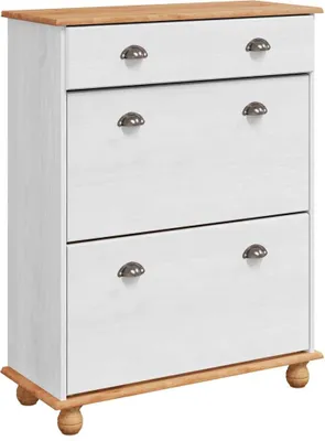 A white chest of drawers with a wooden top and base, set against a white background.