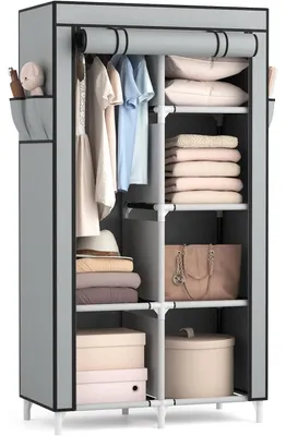 Produktbild von Stoffkleiderschrank mit Kleiderstange 6 Ablagen 4 Seitentaschen 84x42x162 cm Schwarz/Grau
