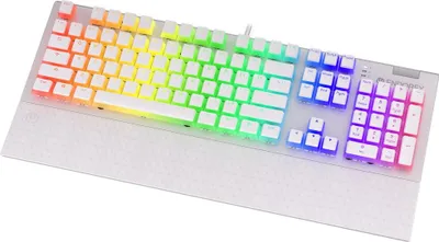 A white mechanical keyboard with RGB lighting.