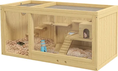 Produktbild von PawHut Hamsterkäfig aus Holz, 100 cm Kleintierstall, Kleintierkäfig Spielhaus für Gerbils Nagerkäfig mit Schaukeln, Leitern, zu öffnendes Dach, Hütte, Natur