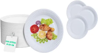 Produktbild von 500 Pappteller rund mit einem Durchmesser von 23 cm - 100% Papier, für Grillpartys und Picknicks