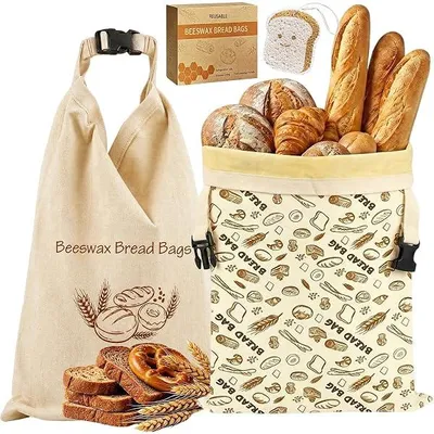 Obrázek produktu pro Voskové sáčky na chléb, balení 2 kusů XL 43x33cm, opakovaně použitelné sáčky na chléb pro uchování čerstvého chleba - lněné sáčky na chléb s odnímatelnou voskovou vložkou na kvásek - udržitelné skladování chleba včetně houbičky