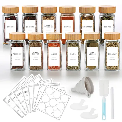 Image de Omgoods - Ensemble de 12 pots à épices avec couvercles en bambou - Pour la cuisine, avec étiquettes