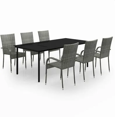 Produktbild von 7-TLG. Garten Essgruppe 6 Personen, Terrassenmöbel Set, Gartengarnitur Tisch mit Glas-Tischplatte & Polyrattan Stühle, Gartenmöbel Set Grau und Schwarz