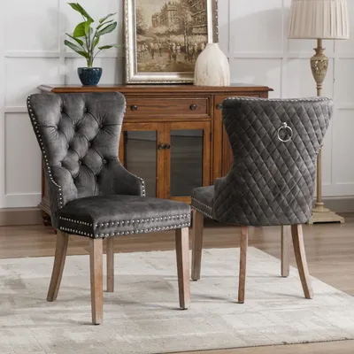 Zdjęcie produktu dla Stylowe krzesło do jadalni （2 St） Szare welurowe, tapicerowane krzesło z unikalnym wzorem kołatki do drzwi, eleganckie wykończenia z gwoździami, nogi z litego drewna