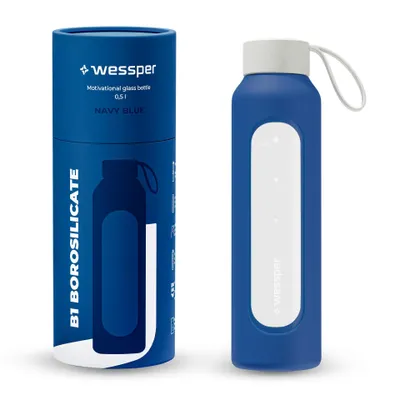 Image de Bouteille en verre Wessper avec housse en silicone – 0,5 L – avec repères horaires – Bleu