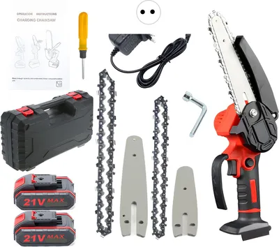 Obrázok produktu pre Mini reťazová píla 4"/6" - 21V batéria, akumulátorová, s 2 reťazami a bezpečnostným zámkom