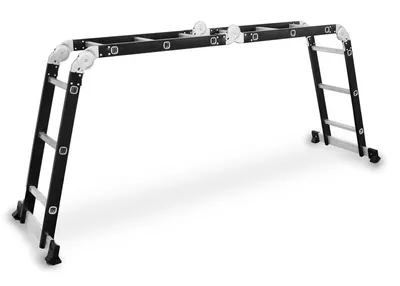 A multi-purpose ladder is shown in an open, A-frame configuration against a white background.