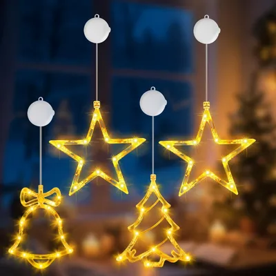 LED-Fensterdeko-Set: 2 Sterne, Baum, Glocke, Timer, warmweiß