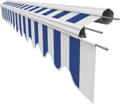 A close-up, studio shot of a blue and white striped awning fabric.