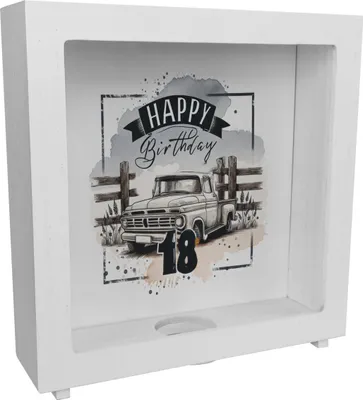 Produktbild von Happy Birthday 18 Auto Rahmen Spardose aus Holz