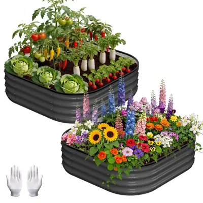 Obrázok produktu pre Sada dvoch pozinkovaných vyvýšených záhonov - štvorcový kovový kvetináč - 90x90x30 cm - Vhodný na zeleninu, kvety a bylinky vonku - S gumovým okrajom a rukavicami - Tmavosivá farba
