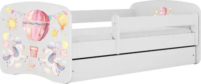 Produktbild von Kinderbett Weiß 70x140 80x160 80x180 cm – mit Matratze, Rausfallschutz und Schublade – Jugendbett für Mädchen und Jungen – Stabil und Sicher – Einhorn und Ballon – 160x80 cm