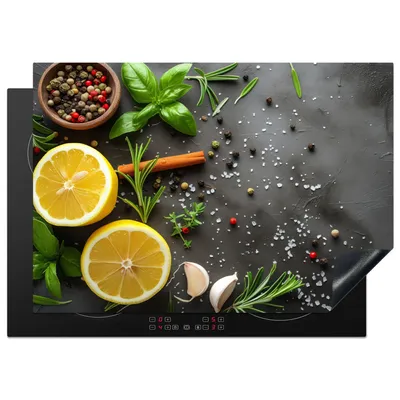 Obrázok produktu pre KitchenYeah® Kryt varnej dosky citrón - bylinky - betónový vzhľad, 75x52cm, kuchynská dekorácia, keramický kryt varnej dosky, kryt varnej dosky
