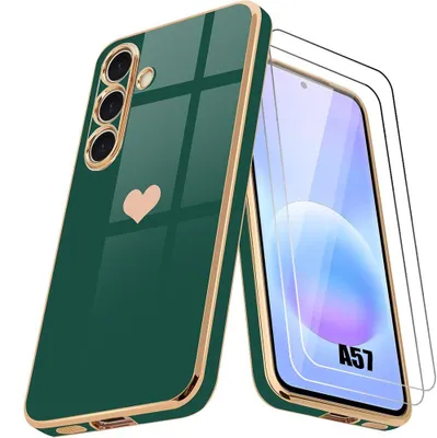 Image de Coque + 2 Verres Trempés pour Samsung Galaxy A57 5G, Protection Silicone Motif Coeur - Vert Nuit