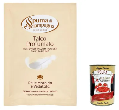 Produktbild von 5x Spuma di sciampagna Talco Profumato Körperpuder Klassisch Talkum 75g + Italian Gourmet polpa 400g