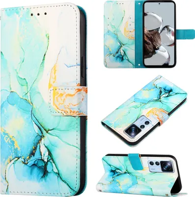 Produktbild von Xiaomi 12T Pro Hülle, Marmor Motiv Kunstleder Tasche Wallet Kartenfächer mit Standfunktion Klapp Schutzhülle für Xiaomi 12T / Xiaomi 12T Pro Grün