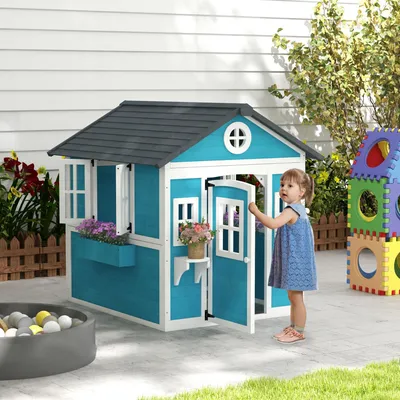 Produktbild von Kinderspielhaus Holz, Outdoor-Gartenspielhaus mit Fenstern, Spielhaus für Kinder, Blau | 126 x 114 x 135 cm | Tannenholz | 3–8 Jahre