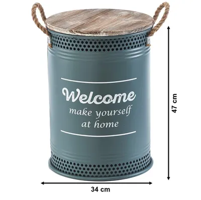 Produktbild von Kobolo Wäschekorb WELCOME GREY Gr. M 34x47 cm aus Metall und Holz - mit Deckel und Griffen Wäschetonne Aufbewahrungskorb Box für Wäsche Wohnzimmer Bad