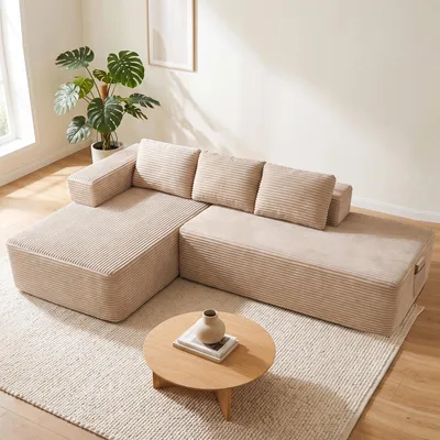 Imagen del producto de Sofá modular de tres plazas COMHOMA con función de cama, 255 cm, tapizado en pana. Sofá chaise longue con estructura metálica en la parte trasera, en forma de L, con mecanismo de cama
