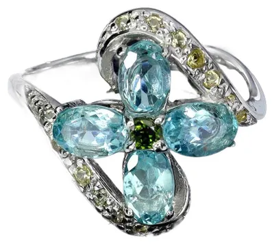 Produktbild von 925 Eleganter Ring mit natürlichen Apatiten, Saphiren und Diopsiden – Blume, Größe 16