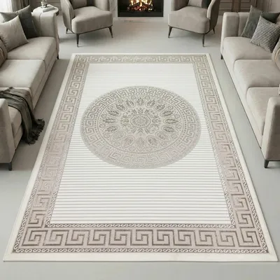Immagine prodotto di Tappeto da design lucido con motivo orientale, nei colori bianco, beige e bronzo. Dimensioni: 160 x 230 cm