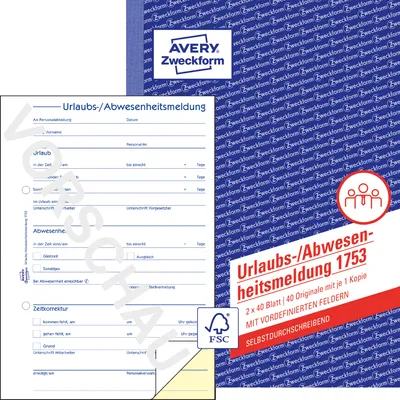 Produktbild von Avery Zweckform 1753, Urlaubs-/Abwesenheitsmeldung, A5, selbstdurchschreibend, 2x40 Blatt