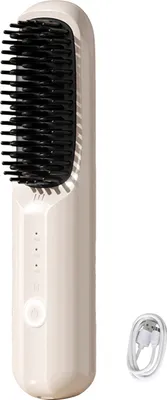 Produktbild von Kabellose Haarglätterbürste, 3 einstellbare Temperaturen, schnelle Erwärmung, wiederaufladbar über USB, tragbare Heißbürste mit negativen Ionen, elektrischer Entwirrungskamm zum Stylen von lockigem Haar