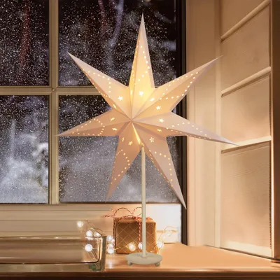 Produktbild von SALCAR LED Weihnachtsstern Beleuchtet Fenster 35cm, Papierstern Weihnachten mit E14 Lampe, 3D Leuchtstern Stehend Adventsstern mit Eisensockel Fuß, Weiß