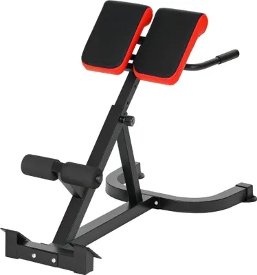 A black and red hyperextension bench on a white background.