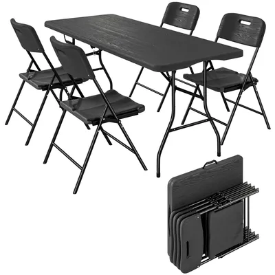 Imagen del producto de Outsunny, juego de mesa y sillas de camping para 5 personas, con una mesa plegable y 4 sillas, fabricado en HDPE y metal negro
