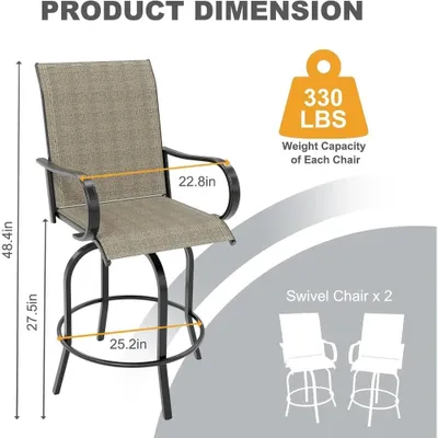Produktbild von Outdoor-Barhocker - Drehbare Barstühle - 2er-Set - 70 cm Sitzhöhe - 360° Drehung - Wetterfestes Textilene - Gepolstertes Metallgestell - Hellgrau