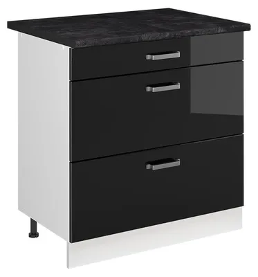 Productafbeelding van Keukenonderkast Vicco R-Line Zwart hoogglans/Wit 80 cm met 3 laden antraciet werkblad, Model 72364