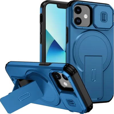 Immagine prodotto di Custodia magnetica per iPhone 13 Mini/iPhone 12 Mini, custodia resistente a due strati con protezione scorrevole della fotocamera e supporto regolabile Blu
