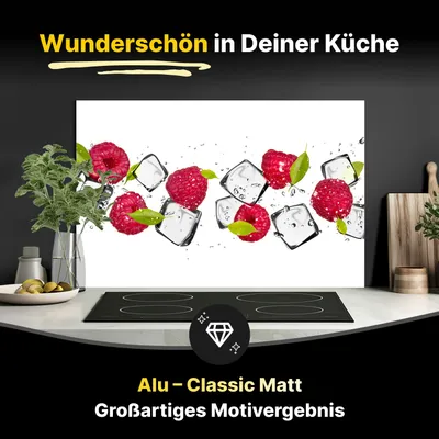Produktbild von Spritzschutz Küchenrückwand aus Aluminiumverbund in Matt 60x50 cm - Eiswürfel mit Himbeeren