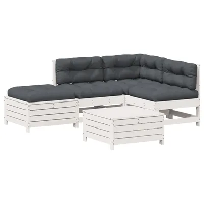 Produktbild von 5-tlg. Garten-Lounge-Set mit Kissen Weiß Massivholz Kiefer