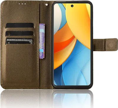 A brown flip-style phone case with card slots and a phone inside.