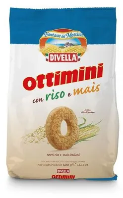 Produktbild von Divella Ottimini riso e mais, Keks, 400 g, 13,5 g, May contain traces of milk, soy, mustard, almonds and hazelnuts., Wheat flour, sugar, sunflower oil, fresh eggs 10.5%, corn flakes 6% (corn flour 5.3% on the..., 463 kcal