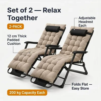 Obrázok produktu pre Záhradné ležadlo polohovacie skladacie, vankúš 12 cm, nosnosť 200 kg – zero gravity kreslo 178x66 cm