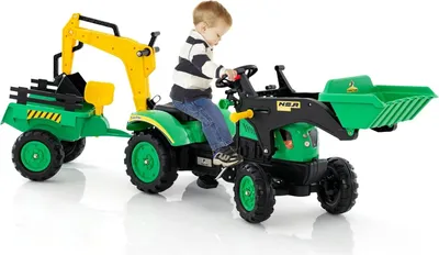 Produktbild von Trettraktor, Kindertraktor mit Anhänger & Schaufel & Frontlader, Kinderbagger Sitzbagger mit Hupe & Rechen, Tretfahrzeug für Kinder ab 3 Jahren (Grün)