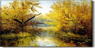 Produktbild von Wanduhr Uhr Wandbild Leinwand Geräuschlos 60x30 Landschafts Wälder See Wald - schwarze Hände