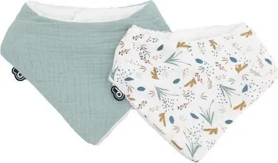 Zdjęcie produktu dla Śliniak Bandana Domiva, 2 sztuki, Muślin Céladon Imprimé, Podwójna Gaza Bawełniana, 100% Bawełna Frotte, Oeko-Tex Standard 100