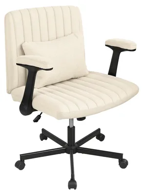 Produktbild von Bürostuhl mit gekreuzten Beinen, Rollen und verstellbaren, hochklappbaren Armlehnen, Schreibtischstuhl mit Rückenlehne, dicker Polsterung, breiter Sitzfläche, Computerstuhl für Zuhause, Büro, Wohnung