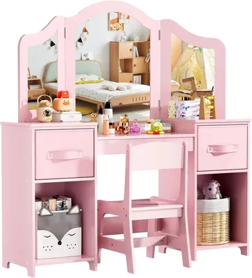 Produktbild von Kinderschminktisch Set - Frisierkommode mit Stuhl - Holz - Abnehmbarer Spiegel - Minimalistisch modern - Zum Selbermontieren - Rosa