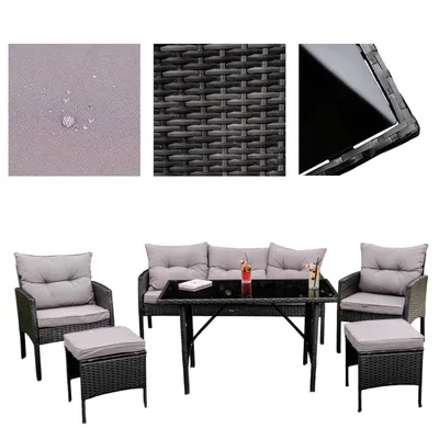 Zdjęcie produktu dla Ferani Zestaw mebli ogrodowych na taras technorattan 7-osobowy z poduszkami fotele pufy sofa trzyosobowa stół czarny/szary