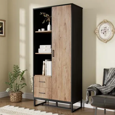 Image de AIORBER Commodes, Armoire Highboard en imitation bois, avec cadre métallique, 1 porte, 2 tiroirs & 3 compartiments ouverts, 80x40x180cm, pour salon, bureau,Marron